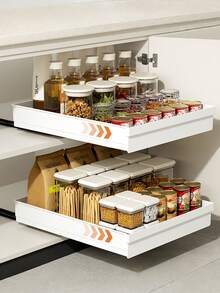 Easy-Sliding Cabinet Storage Drawer - Expandable, Fixed With Nano Adhesive Film, Space-Saving, Adjustable, Durable, Easy To Install, Suitable For Kitchen And Living Room Food Storage Rack (With Sliding Rails) White - White - View 1
