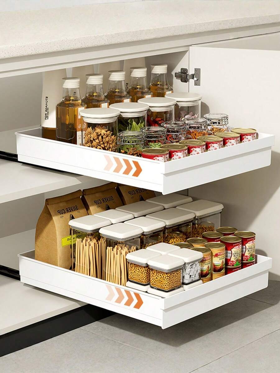 Easy-Sliding Cabinet Storage Drawer - Expandable, Fixed With Nano Adhesive Film, Space-Saving, Adjustable, Durable, Easy To Install, Suitable For Kitchen And Living Room Food Storage Rack (With Sliding Rails) White - White - View 1