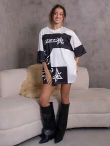 juhmazzocco Mesh Letter Print Contrast Color Casual Loose Sports T-Shirt - Black - View 3