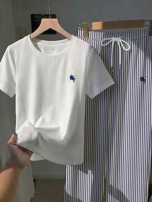 Comfortcana Bộ 2 món gồm áo tay ngắn cổ tròn thêu và quần in sọc, kiểu dáng thường ngày. - Nhiều màu - Xem 6