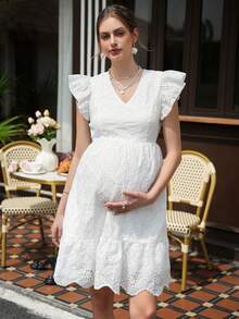 Momance 孕妇度假花卉刺绣荷叶边袖系带露背连衣裙 - 白色 - 查看 3