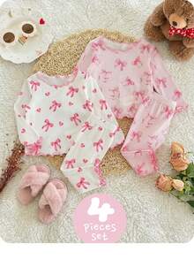 SHEIN Bộ đồ ngủ dài tay 4 món cho bé gái sơ sinh, kiểu dáng dễ thương, chất liệu dệt kim, họa tiết nơ. - Nhiều màu - Xem 8