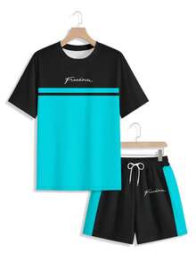 Manfinity Homme 男士夏季休闲两件套运动服，黑蓝撞色设计，“Freedom”字母印花短袖T恤+抽绳短裤，欧美街头风，假日派对装扮，复古Y2K时尚 - 彩色 - 查看 3