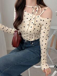 FRIFUL Áo thun nữ tay dài cổ xéo, vạt không đối xứng, chấm bi, dây rút vai, dáng ôm vừa vặn, thích hợp cho mùa thu hè. - trắng - Xem 5