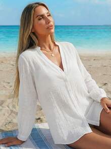 EMERY ROSE 素色前紐扣和服罩衫 - 白色 - 查看 5