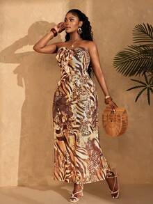 Lunelith SHEIN Lunessa 安卡拉度假豹纹无肩带修身中长连衣裙（女款） - 棕色 - 查看 3