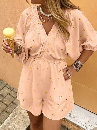 Weeklong Bộ jumpsuit dáng chữ A không tay, cổ chữ V, thắt eo, in họa tiết trái cây, dành cho nữ cỡ lớn, thích hợp cho mùa xuân/hè.