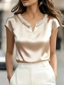 SHEIN LUNE Blouse en satin élégante couleur champagne avec col cranté et perles fausses pour l'été pour femmes,Top chic pour dîner et fête,Travail de bureau formel,Mode - Nude - Voir 1