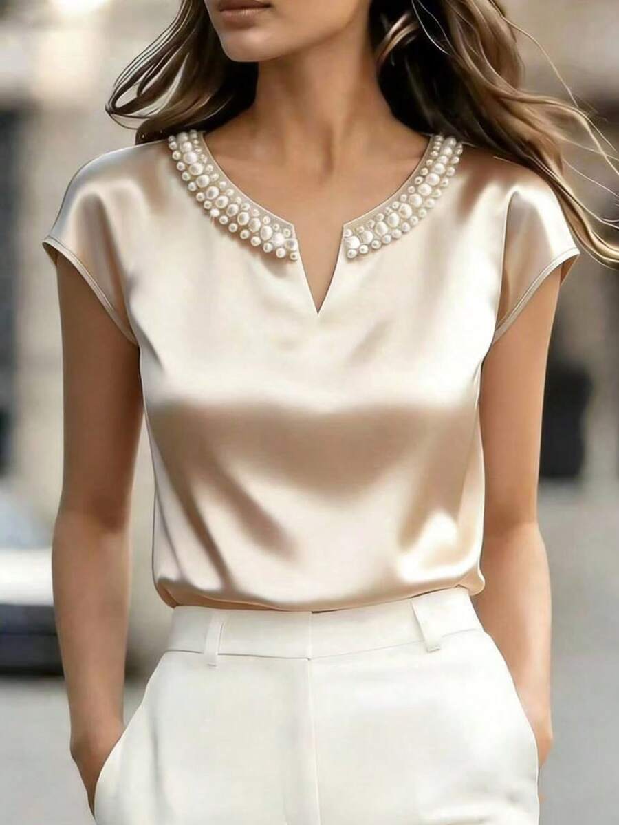 SHEIN LUNE Blouse en satin élégante couleur champagne avec col cranté et perles fausses pour l'été pour femmes,Top chic pour dîner et fête,Travail de bureau formel,Mode - Nude - Voir 1