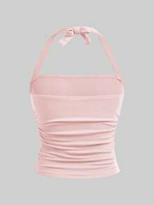SHEIN Girlism Teen Girls' Spring & Summer Street, All-Match, Casual, Versatile, Vacation Strapless Ruched Elastic Bow Fitted Crop Top - Pink - View 2
