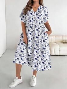 SHEIN Essnce 优雅浪漫蓝色花卉印花加大码女式短袖休闲连衣裙，适合春夏穿着，白色连衣裙 - 彩色 - 查看 3