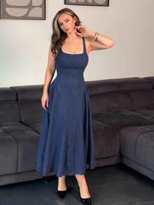 Jeta Ari 女式休闲束腰露背无袖牛仔连衣裙，夏季 - 深色洗 - 查看 6