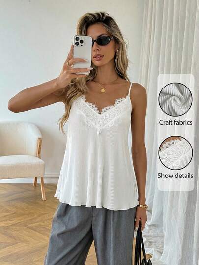 Easowa V-Neck Lace Patchwork Pleated A-Line Camisole Top, Casual Loose Elegant Commuting Vintage Style Summer Cami Top For Women Summer Tops For Women Elegant Cami Tops For Women Spaghetti Tops For Women Womens Tops For Summer Casual Tops For Women Elegant White Tops For Women Women Casual Outfits Womens Summer Outfits