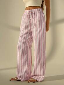 SHEIN Tall Quần ống rộng kẻ sọc màu hồng dành cho nữ, thích hợp mặc đi nghỉ mát. - Nhiều màu - Xem 5