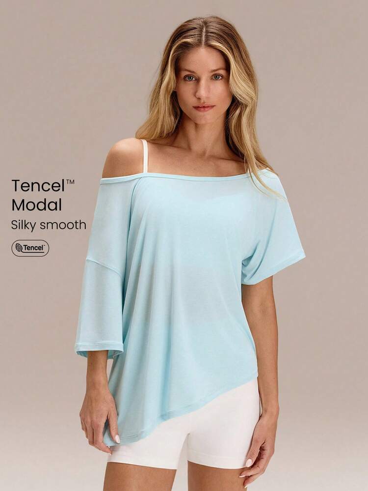 Modal Silky Smooth Asymmetrical Hem Off-Shoulder 3/4 Sleeve Active Tee T-Shirt Daily Casual Wear