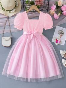 SHEIN Elladie kids Đầm công chúa trắng cho bé gái, kèm thắt lưng hoa, tay ngắn, đầm dự tiệc cưới cho bé gái, đầm nhẹ nhàng cho các dịp lễ hội. - Hồng - Xem 2