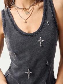 Bohemela Top de punto ajustado de unicolor casual lavado para mujer - Negro - Ver 5