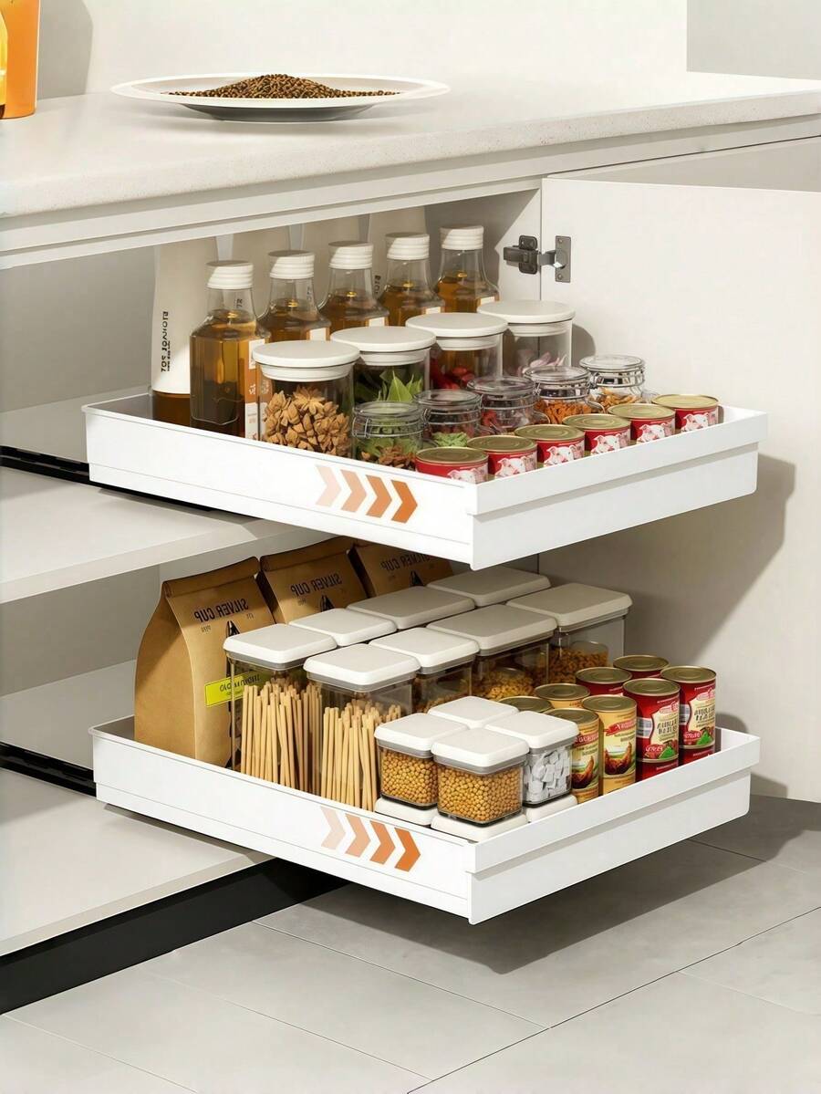 Sliding Cabinet Storage Rack - Expandable, Nano Adhesive Fixation, Space-Saving, Adjustable, Durable, Easy To Install, Suitable For Kitchen And Living Room Food Storage Shelves (With Sliding Rails) - Multicolor - View 1
