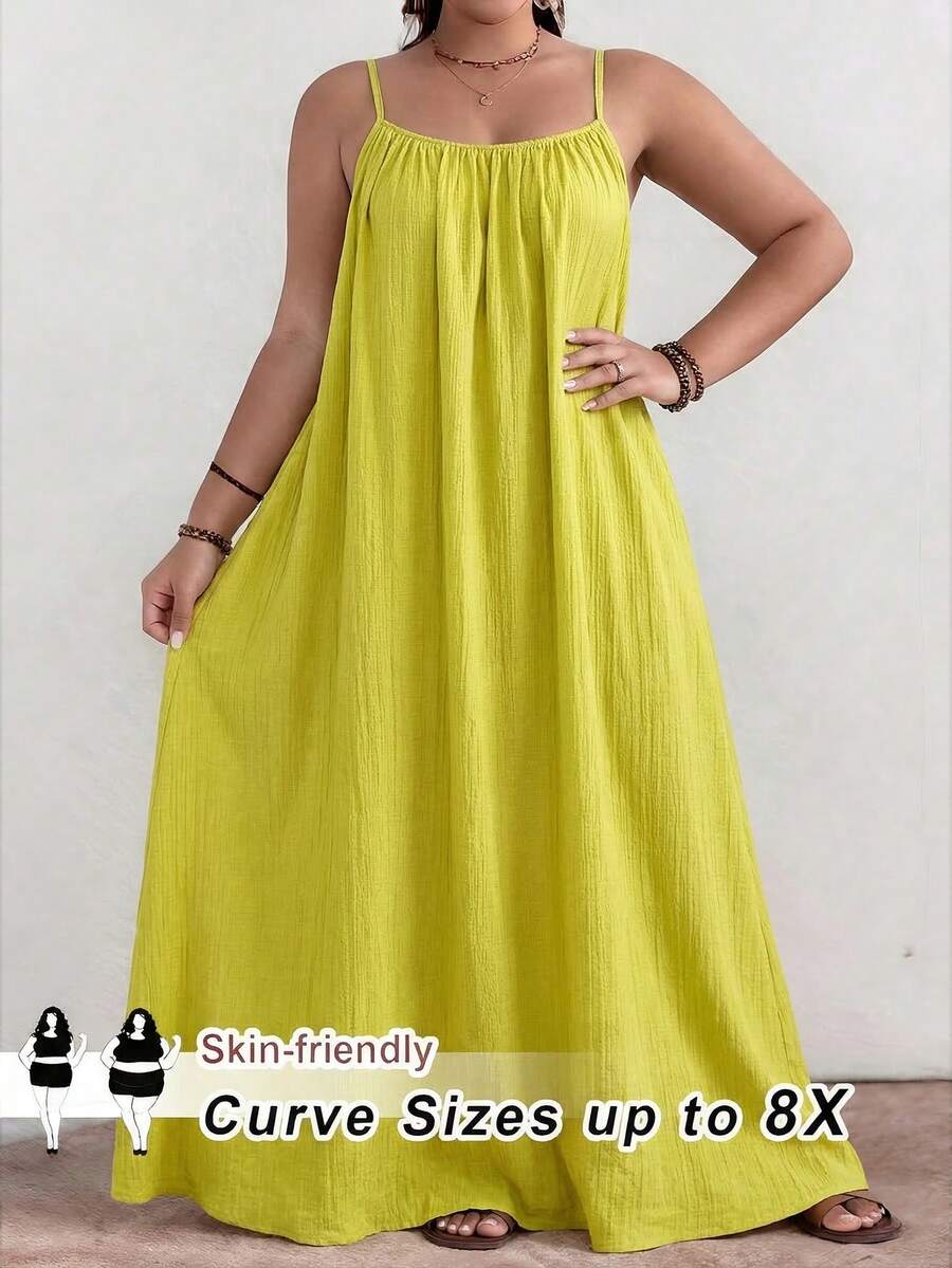 SHEIN CURVE+ 大码曲线/秋季服装/女士秋季服装/女士冬季服装/冬季服装大码纯色褶皱细节休闲吊带连衣裙,适合生日派对、毕业典礼、学生装、日常休闲、度假等场合。 - 黃色 - 查看 1