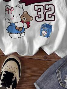 SHEIN CURVE+ 休闲可爱又酷炫，卡通蝴蝶结运动风，萌猫印花圆领宽松女式T恤，可爱图案T恤，可爱休闲上衣，复古图案T恤，卡通图案T恤，复古T恤 - 白色 - 查看 5