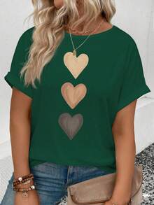 EMERY ROSE Women's Spring/Summer Casual Round Neck Short Sleeve Cuffed Ombre Heart Print Plus Size T-Shirt - Dark Green - View 1