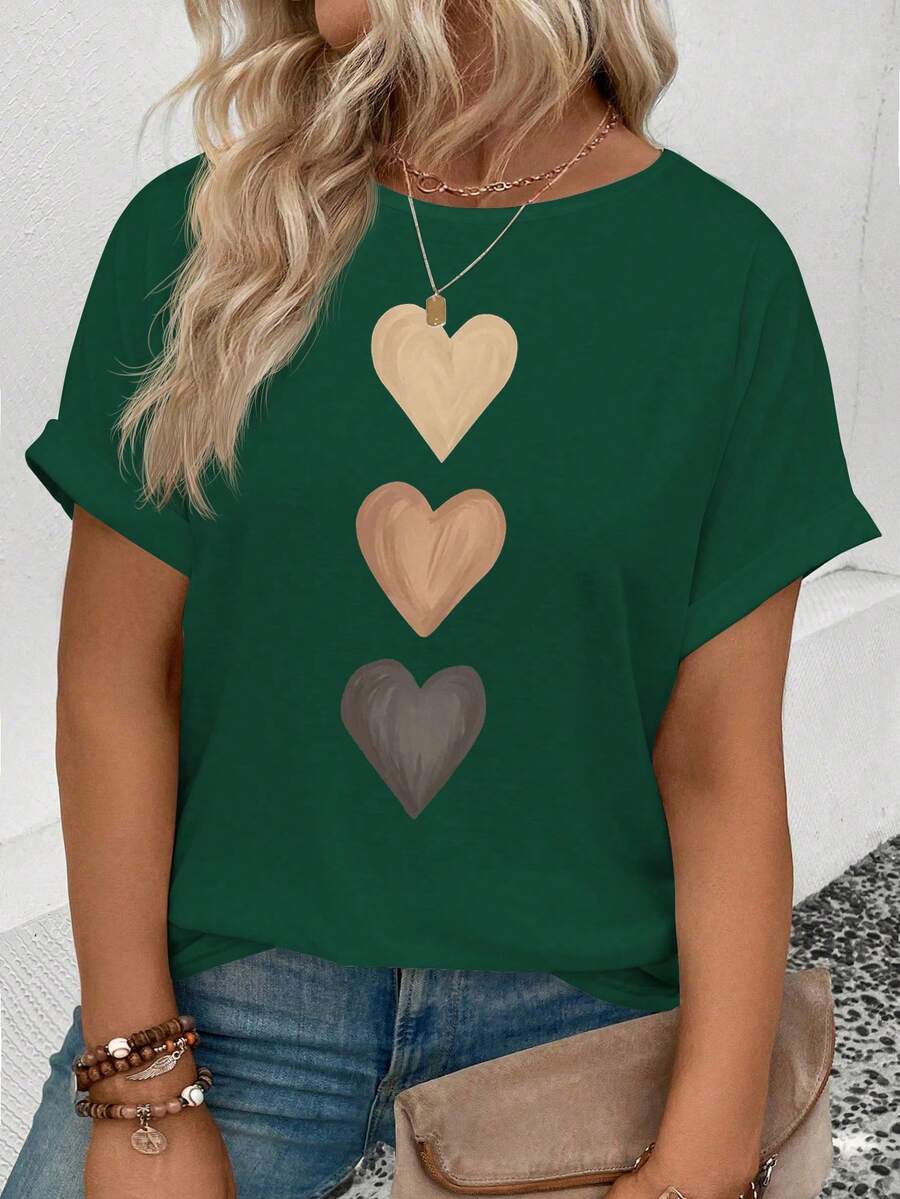 EMERY ROSE Women's Spring/Summer Casual Round Neck Short Sleeve Cuffed Ombre Heart Print Plus Size T-Shirt - Dark Green - View 1