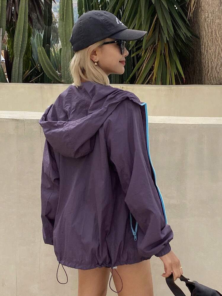 Contrast Color Zipper Loose Hooded Long Sleeve Sunscreen Jacket, Casual Sports Summer Coat For Women