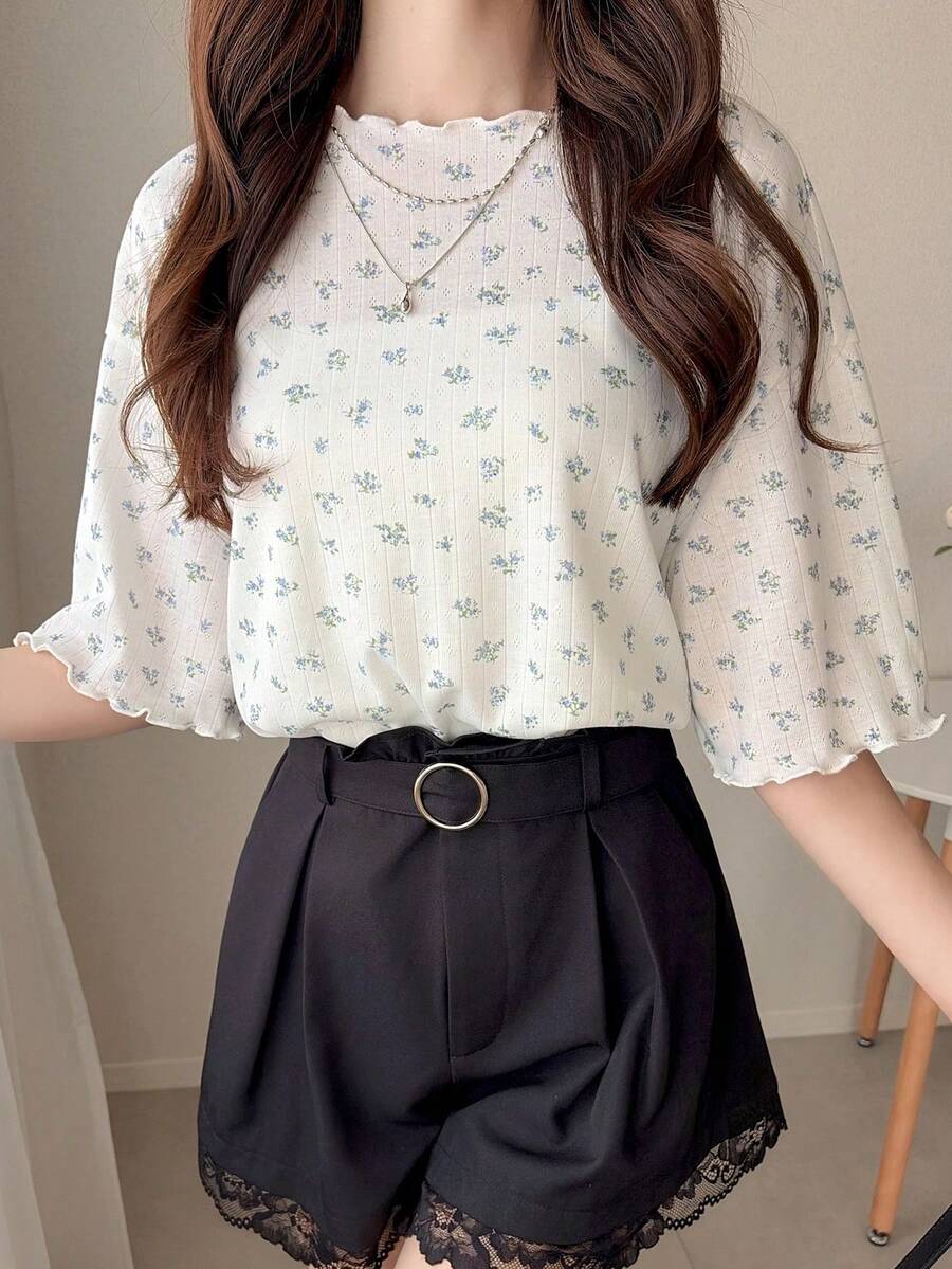 FRIFUL Women's Wavy Striped Loose Contrast Trim Short Sleeve T-Shirt, Summer Casual Wear - Blue - View 1