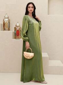 SHEIN Najma Đầm kiểu Ả Rập thanh lịch đính ngọc trai dành cho nữ - màu xanh lá - Xem 8