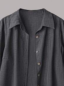 SHEIN LUNE 大码女式休闲两件套，纯色翻领单排扣休闲通勤衬衫和高腰宽松阔腿裤套装 - 灰色 - 查看 5