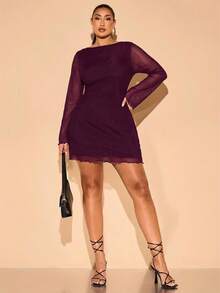 SHEIN BAE Plus Size Women's Dark Purple Autumn Classy Night Out Club Mini Short Dress,Spring & Summer High Street French Cocktail Evening Gown For Vacation - Red Violet - View 6