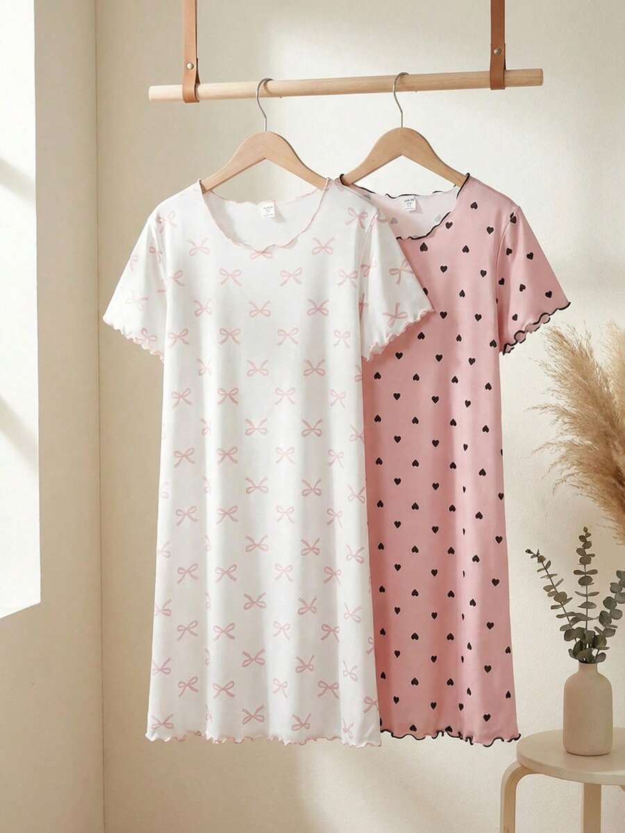 Genkimix Kids 2pcs Girls Knitted Butterfly Print Nightgown, Summer - Pink - View 1