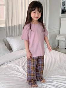 Dazy Kids Mädchen Rundhals Strick Kurzarm T-Shirt + Gewebte Karohose Loungewear, Frühling/Sommer - Altrosa - Übersicht 4