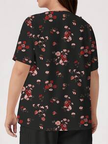 PopScrub Rennaissance Work Rose & Ditsy Floral V-Neck Short Sleeve Pocket Nursing Top,Plus Size Slit Design Spring/Summer Nurse Scrub Uniform,Black Pattern - Multicolor - View 2