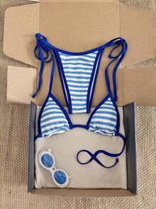 Swim Mod New Arrival Women's Elegant Y2K Beachy Vacation Style 2 Piece Bikini Set - Blue White Striped Smocked Triangle Halter Top With Contrast Binding & High Cut Thong Bottom - Smooth Stretch Breathable Fabric - Flattering Minimalist Design, Sexy Summery Vibe - Perfect Swimwear For Summer Beach Vacation, Pool Party Music Festival Weddings, Spring Holiday Break Outfit Resort Wear, Tropical Getaway - Blue - View 3