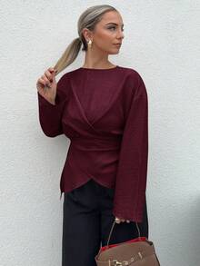 Jeta Ari Women's Casual Commuter Solid Color Cross-Wrap Shirt,Red Top Winter Christmas New Year Burgundy Spring Valentine's Day - Burgundy - View 1