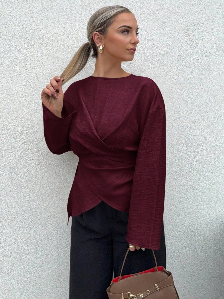 Jeta Ari Women's Casual Commuter Solid Color Cross-Wrap Shirt,Red Top Winter Christmas New Year Burgundy Spring Valentine's Day - Burgundy - View 1