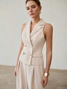 PREMIUM WOVEN SHINY SATIN ELEGANT SLEEVELESS BLAZER - Apricot - View 4