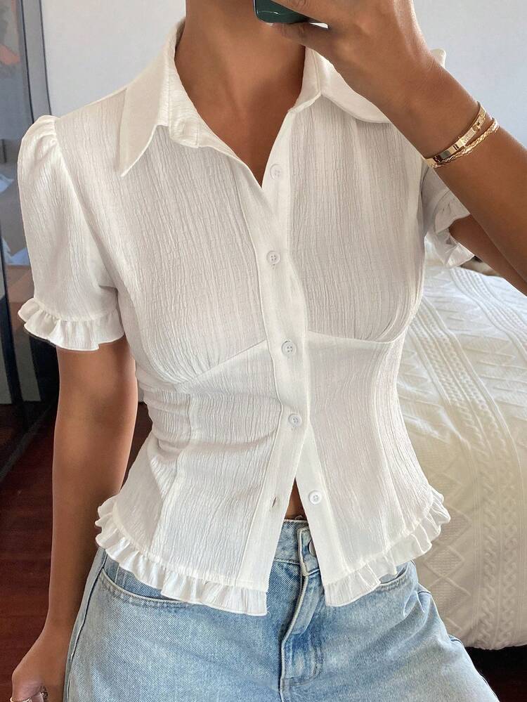 Women's Solid Color Fitted Cabled Waist Frill Trim Casual Vacation Summer Blouse