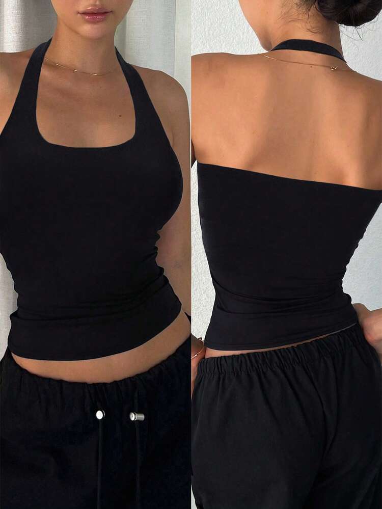 Women's Casual Minimalist Solid Color Backless Halter Neck Slim Fit Tank Top, Suitable For Daily Commute In Summer