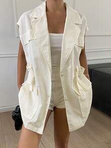 DAZY Women's Solid Color Lapel NeckSingle-Breasted Casual Thin Blazer Summer - White - View 2