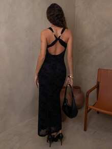 juhmazzocco Women Floral Pattern Deep V-Neck Sexy Fitted Long Dress,Dresses For Women Elegant,Casual Dresses For Woman,Vintage,Black Formal Dress Women,Classy Outfits For Women,Old Money Dress,Fall Women Clothes Party - Black - View 2
