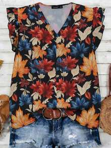 EMERY ROSE Spring/Summer Fashion Casual Resort Wear For Plus-Size Women Maple Leaf Floral Print Ruffled Sleeve Plus Size Tank Top Shirt Plus-Size Women's Beachwear - Multicolor - View 3