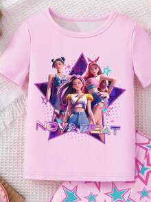 Piyama Anak Perempuan 1 Set, Warna Pink, Musim Panas, Peri, Liburan, Motif Grup Musik Wanita Malam, Kerah & Manset Warna Kontras, Rajutan Ketat, Lengan Pendek, Pas di Badan - Berwarna merah muda - View 5