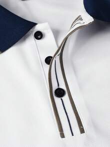 Manfinity Homme 男士短袖 Polo 衫套裝，海軍藍與白色夏季休閒度假 2 件套，老錢風白色 Polo 衫與短褲套裝 - 寶藍色 - 查看 6