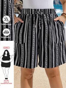 SHEIN CURVE+ Quần short nữ cỡ lớn kẻ sọc, thắt eo, dáng rộng, thoải mái. - Đen và trắng - Xem 7