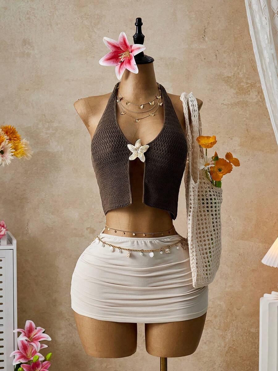 SHEIN Glamour Women's Vacation Casual Spaghetti Strap Cardigan Camisole - Coffee Brown - View 1