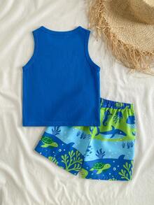 THE HAPPY LOOK 男童鲨鱼图案针织柔软圆领无袖上衣和松紧腰短裤两件套 - 藍色 - 查看 3