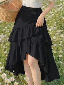 SHEIN Tween Girls Loose Casual Layered Ruffle Asymmetrical Hem Mid-Length Skirt - Black - View 1