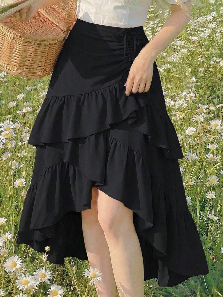 SHEIN Tween Girls Loose Casual Layered Ruffle Asymmetrical Hem Mid-Length Skirt - Black - View 1